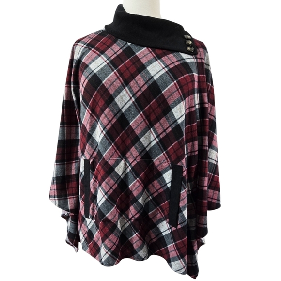 Modcloth Fervour Dark Red Gray Diagonal Plaid Cowl Neck Poncho With Armholes - Picture 1 of 8